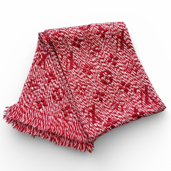 Louis Vuitton Logomania Scarf Red White Monogram Wool Silk